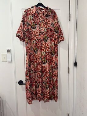 Zara Red and Cream Floral Maxi Shirt Dress